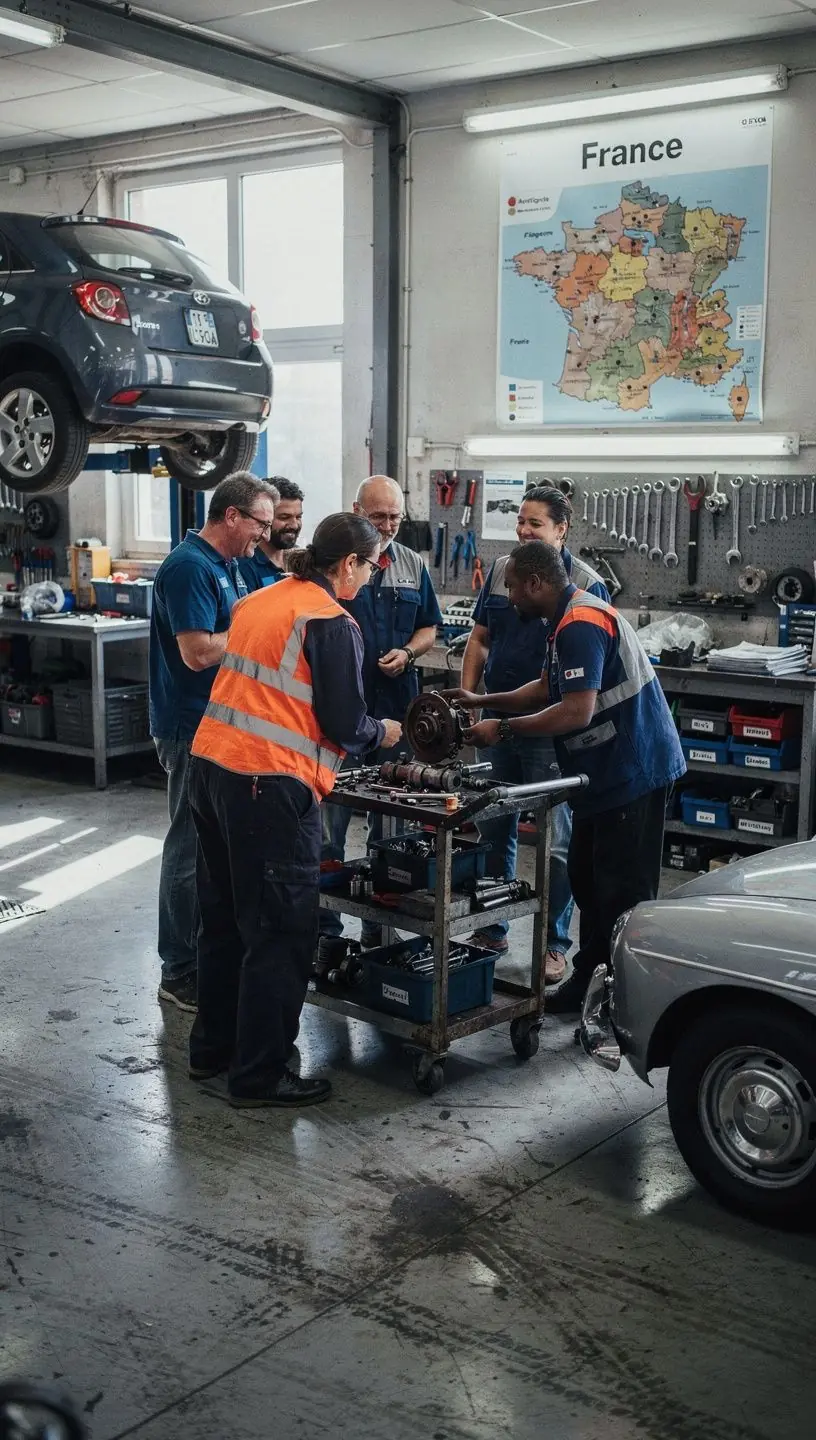 Réparation d’un amortisseur défectueux avec des outils spécialisés dans un garage français